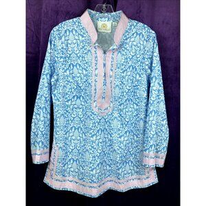 M Cotton Nicoblu Tunic Top  Damask Print Ribbon Trim Blue Pink